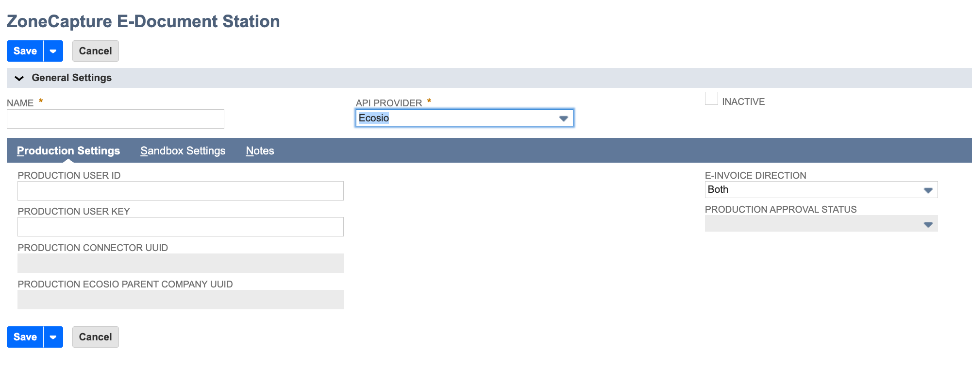 Production Settings fields for Ecosio API Provider