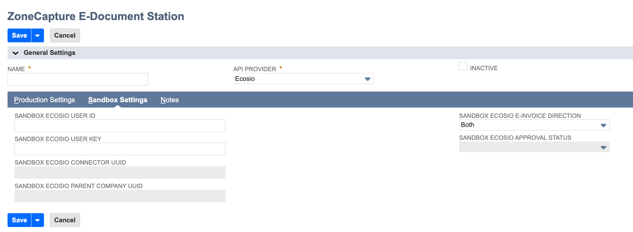 Sandbox settings fields for Ecosio API Provider
